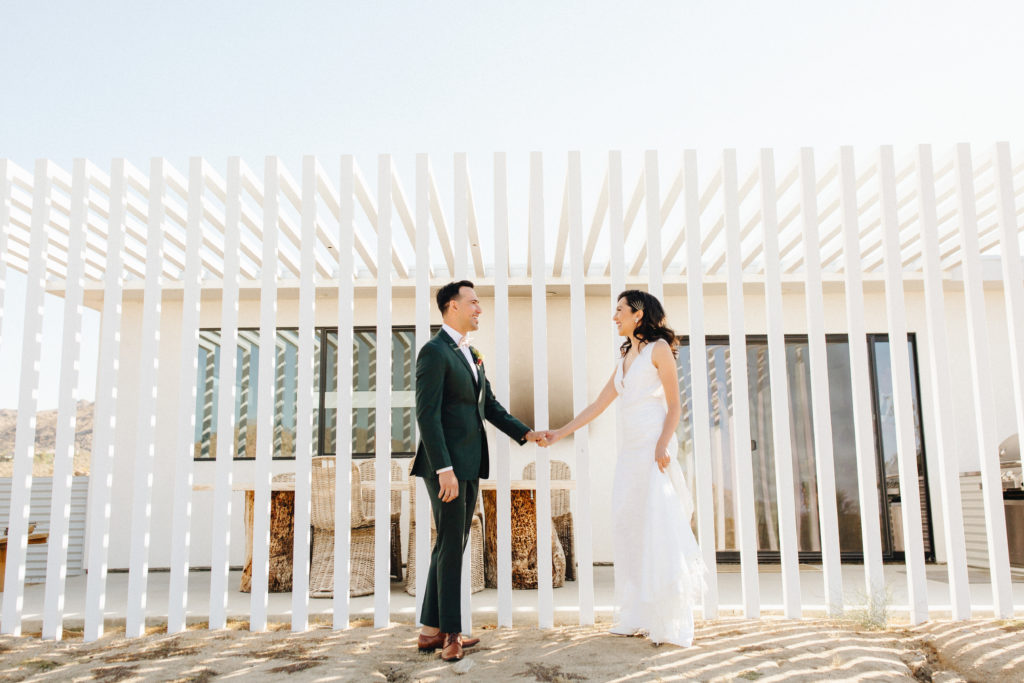 bride and groom first look for desert elopement in Joshua Tree