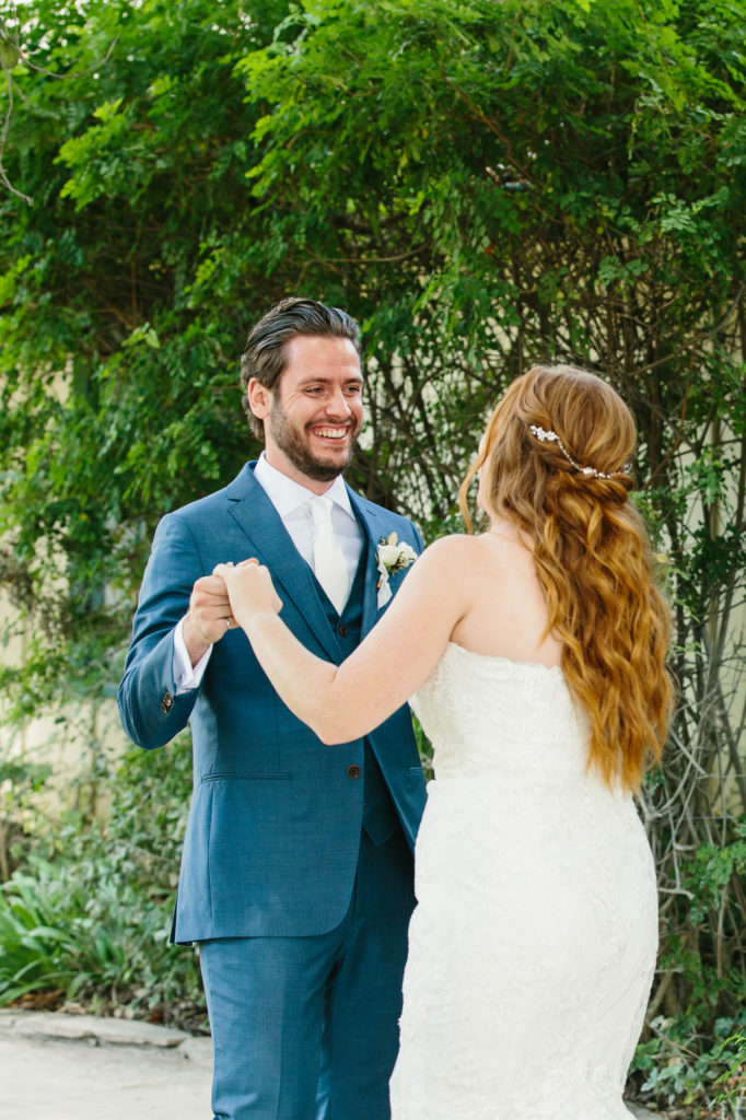 First look for a bride and groom before their autumn wedding in the Santa Monica Mountains