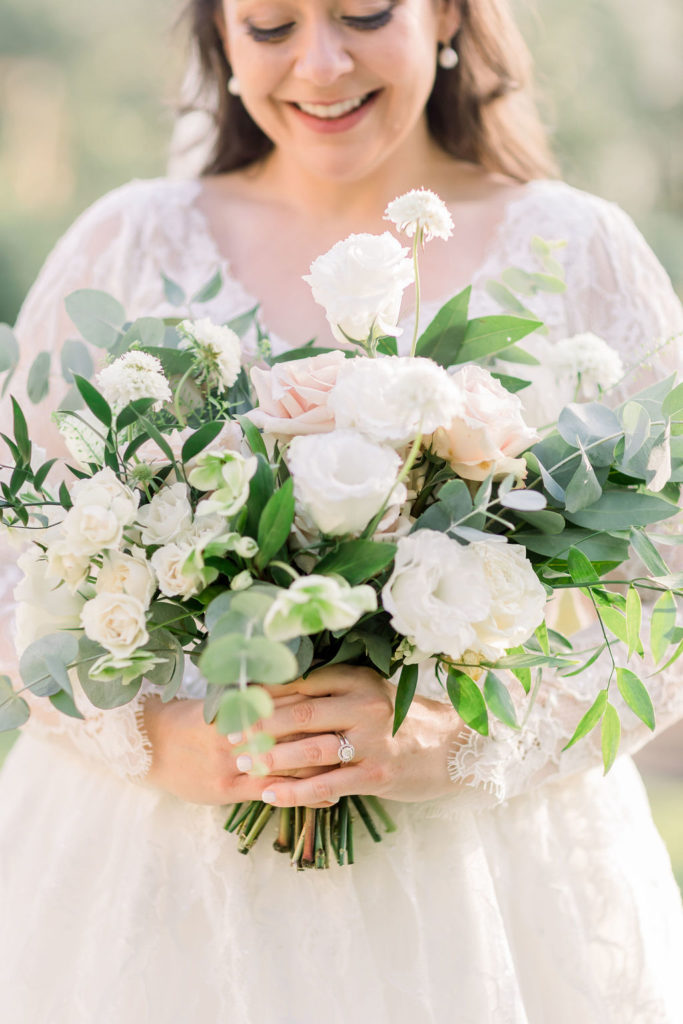 bridal bouquet with soft white, pink and greenery