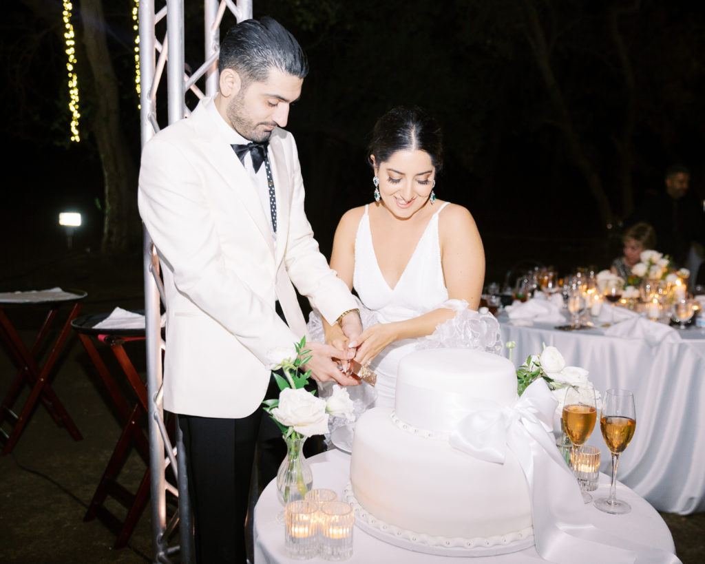 bride and groom cut cake