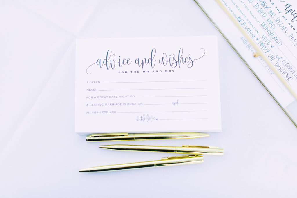 wedding guest advice cards with gold pens