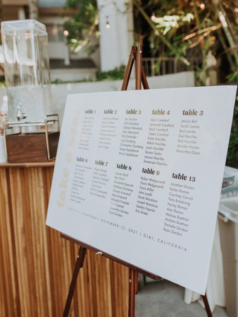 mid-century inspired seating chart with gold lettering