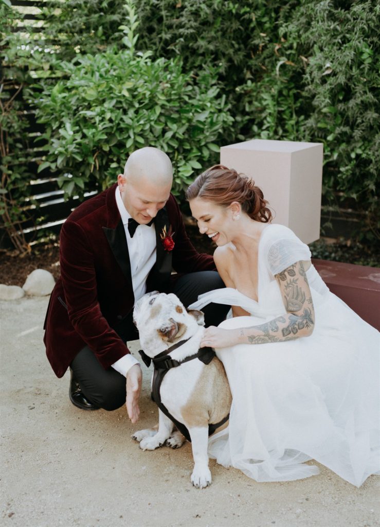 bride in modern asymmetrical dress stands with groom in maroon velvet suit jacket and their dog in the Capri Hotel in Ojai