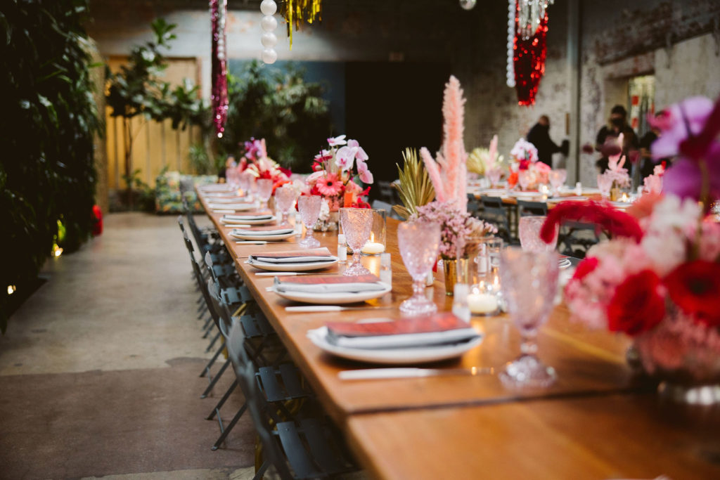 disco inspired wedding reception at Millwick in DTLA with disco balls in centerpieces