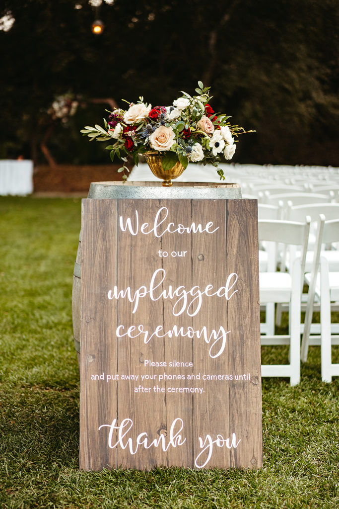 wooden unplugged wedding ceremony sign 
