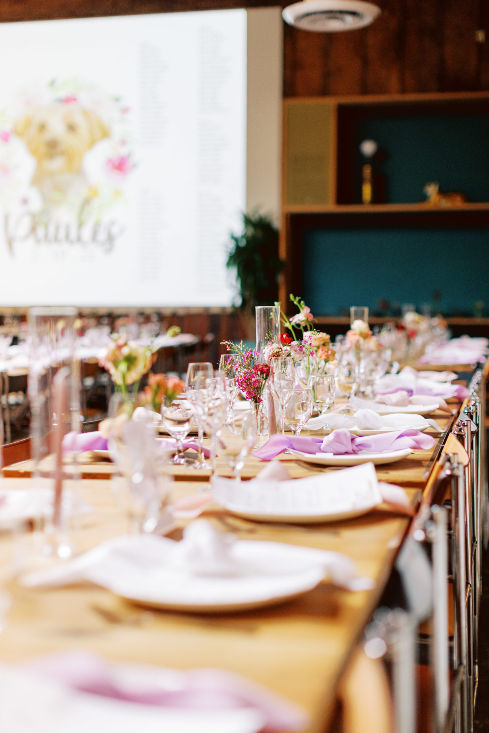 wedding reception at The Valentine DTLA with pink and purple color palette 