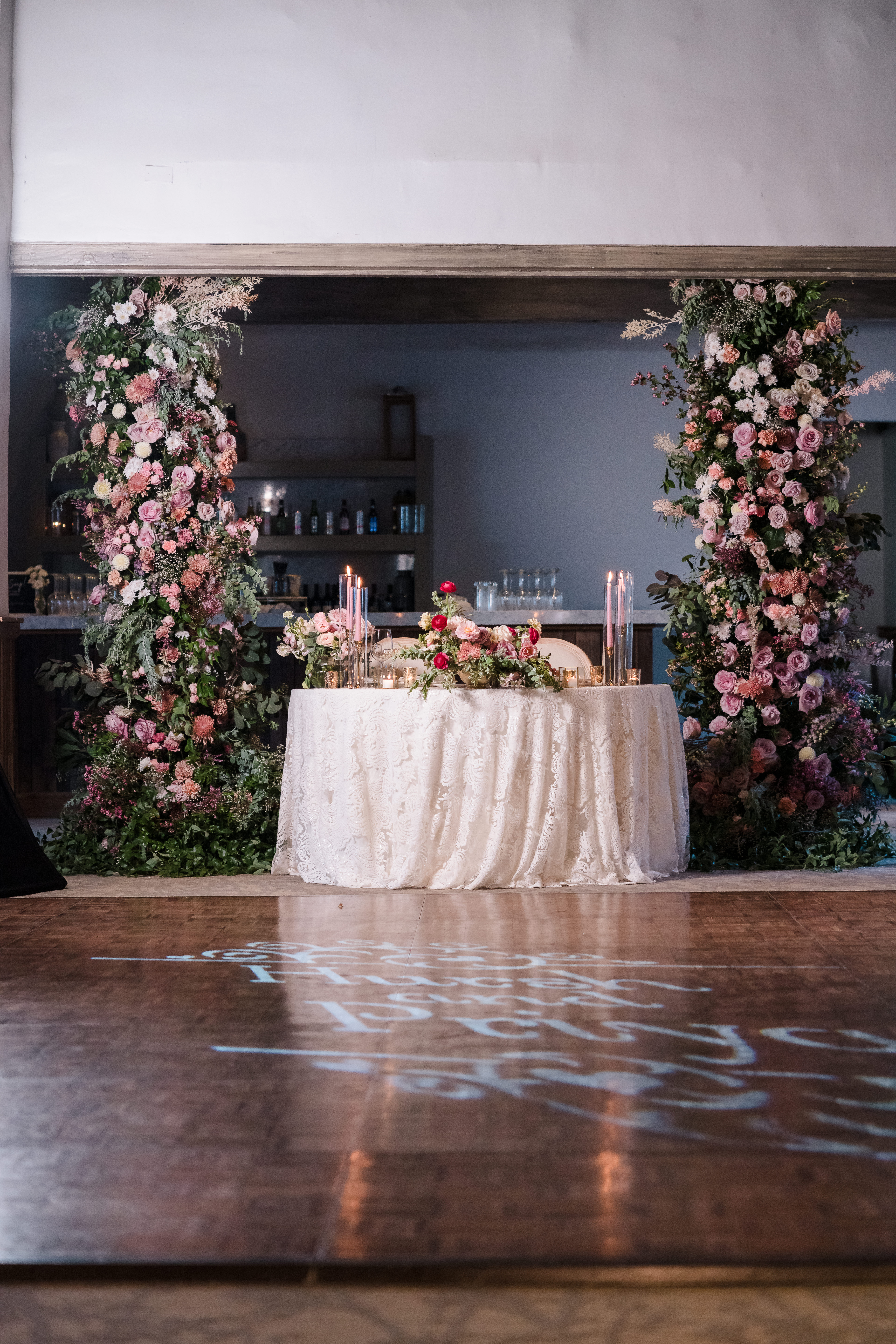 pink infused wedding reception sweetheart table