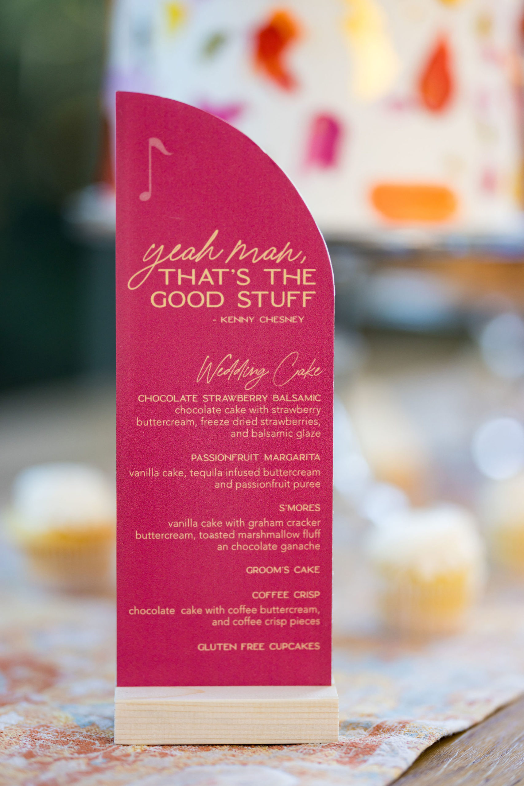 bright pink dessert menu with country music lyrics