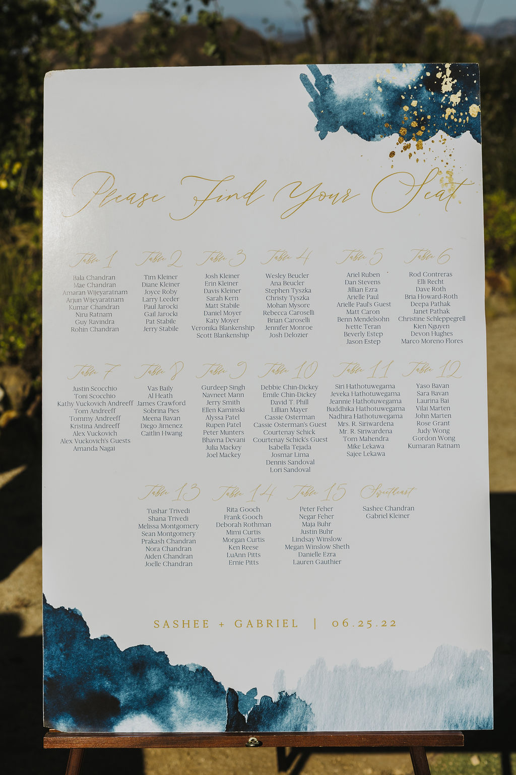 wedding seating chart with blue watercolor and gold 