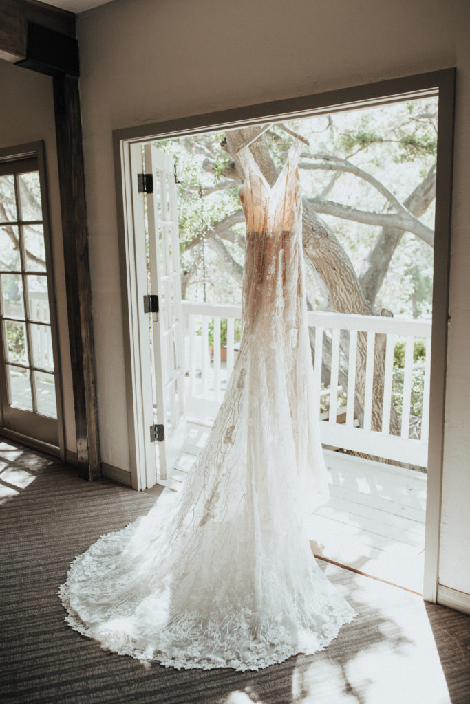 champagne vneck wedding dress with beaded lace overlay hanging from door
