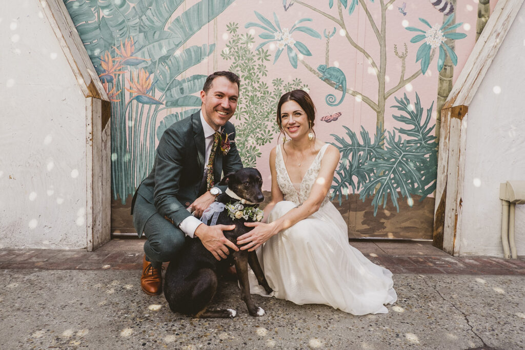 bride in embellished deep v neck wedding dress with a chiffon skirt and groom with custom green suit pose with dog in front pink key hole wall at Valentine DTLA while light from disco balls are around them