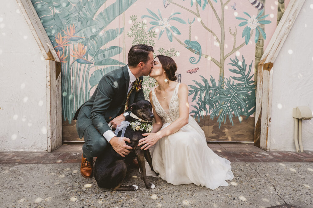 bride in embellished deep v neck wedding dress with a chiffon skirt and groom with custom green suit pose with dog in front pink key hole wall at Valentine DTLA while light from disco balls are around them