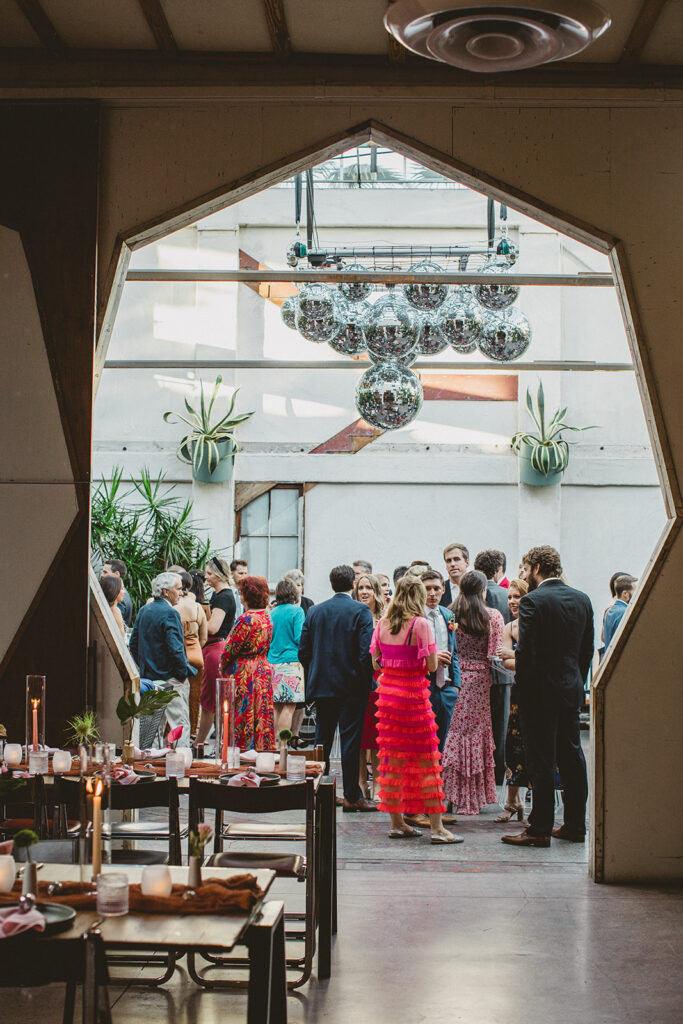 cocktail hour during jungle disco themed wedding at Valentine DTLA