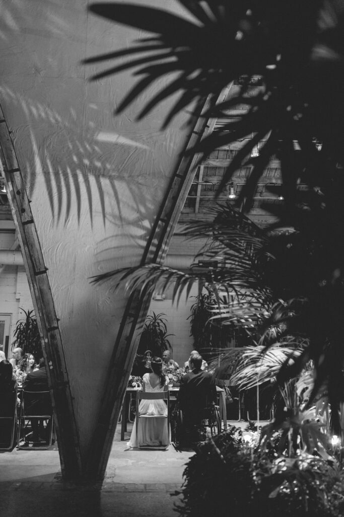 black and white photo of wedding reception at Grass Room DTLA