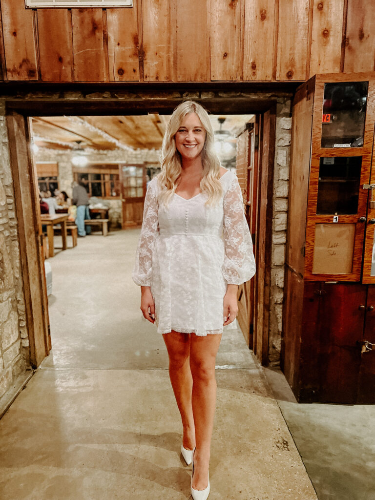 Kari of Feathered Arrow Events wearing mothers altered wedding dress for her rehearsal dinner