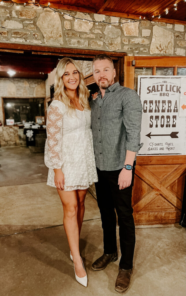 Kari of Feathered Arrow Events with fiancé, Jeremy during her intimate rehearsal dinner in Texas