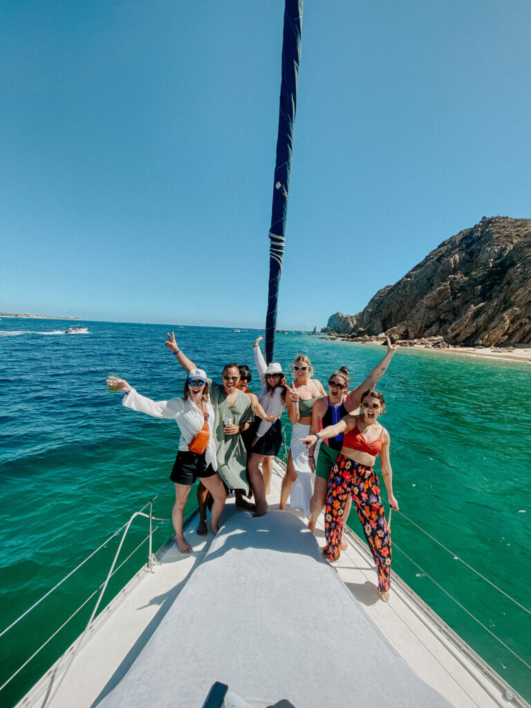 bride to be on yacht with friends in Cabo for bachelorette party