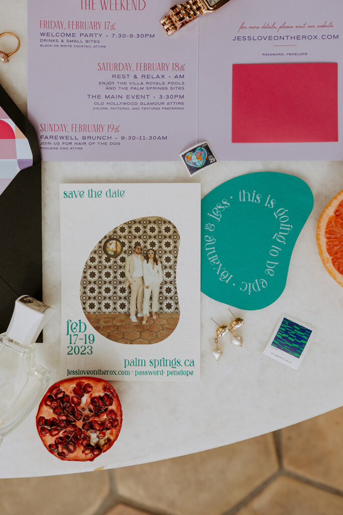 eclectic colorful mid-century inspired wedding invitation suite