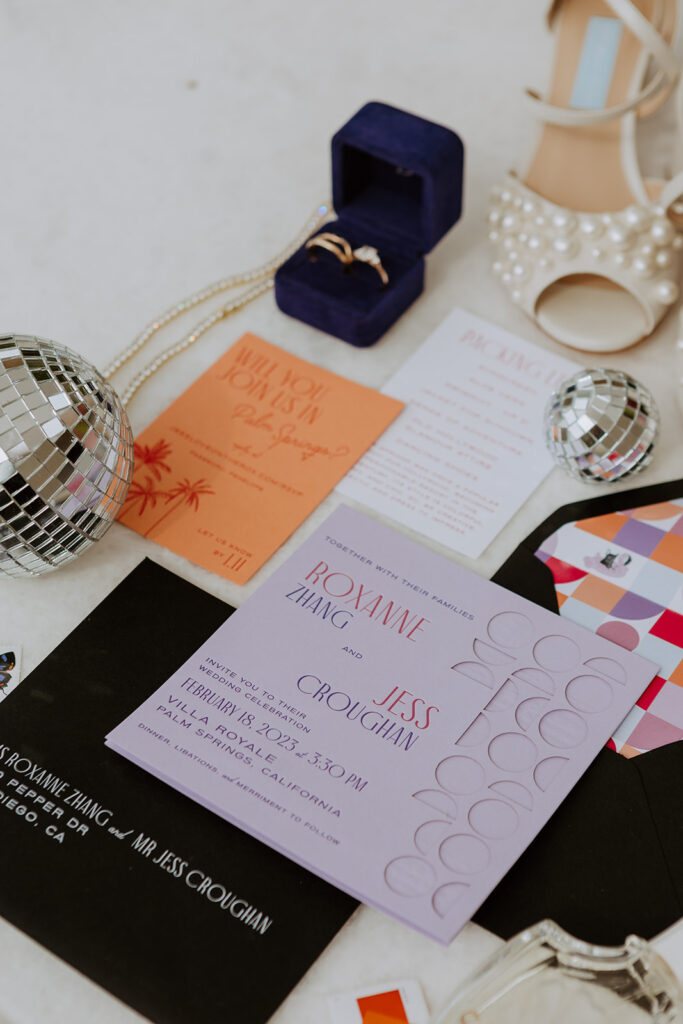 eclectic colorful mid-century inspired wedding invitation suite