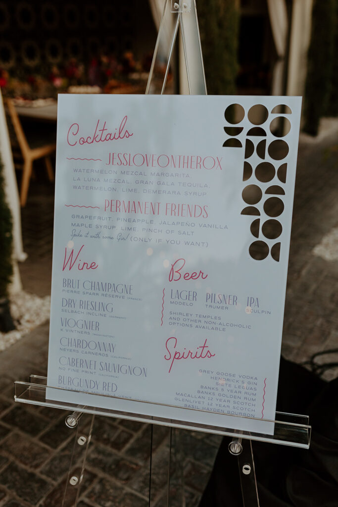 Colorful mid-century inspired bar menu for pool side wedding reception at Villa Royale Palm Springs                            