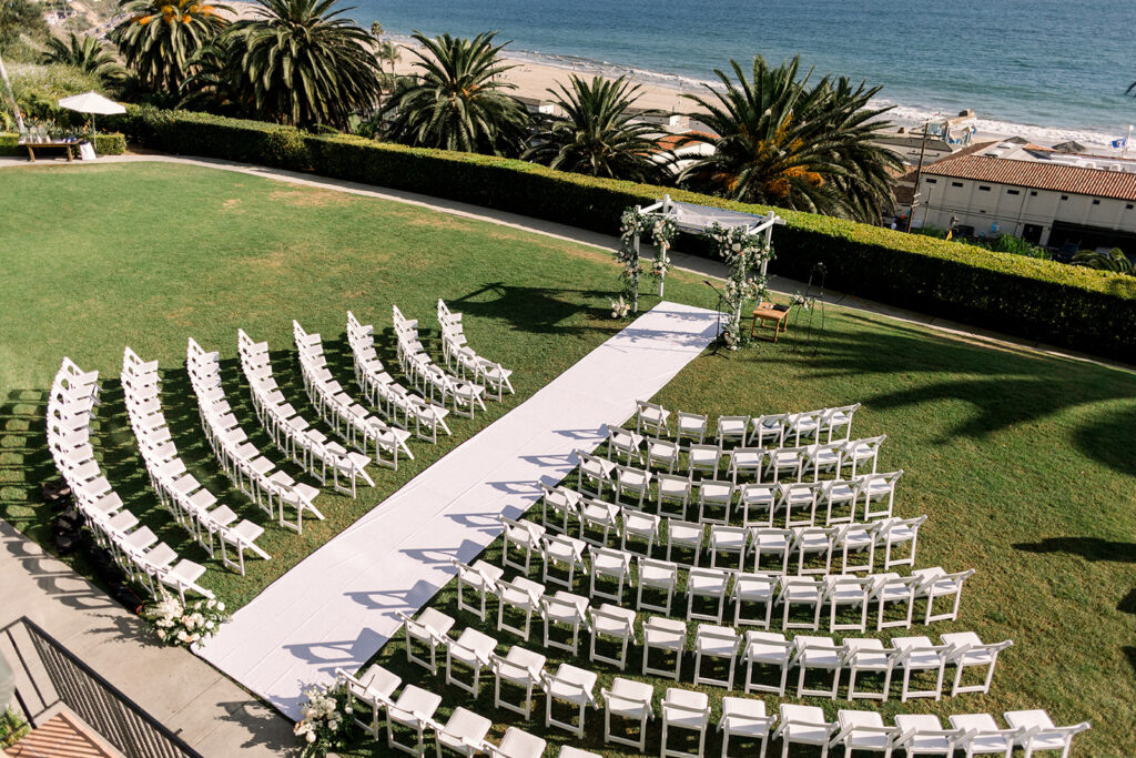 jewish wedding ceremony at Bel-Air Bay club with timeless colors of white green and blue overlooking the ocean