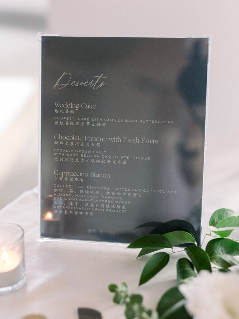 navy blue multi language wedding dessert menu