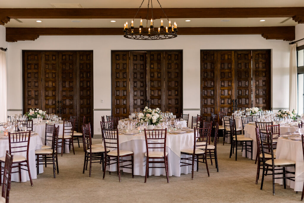 wedding reception at Bel-Air Bay Club with timeless wedding colors of white, blue and green 