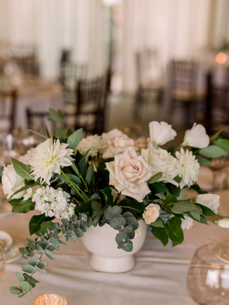 wedding reception at Bel-Air Bay Club with timeless wedding colors of white, blue and green with soft pink flowers