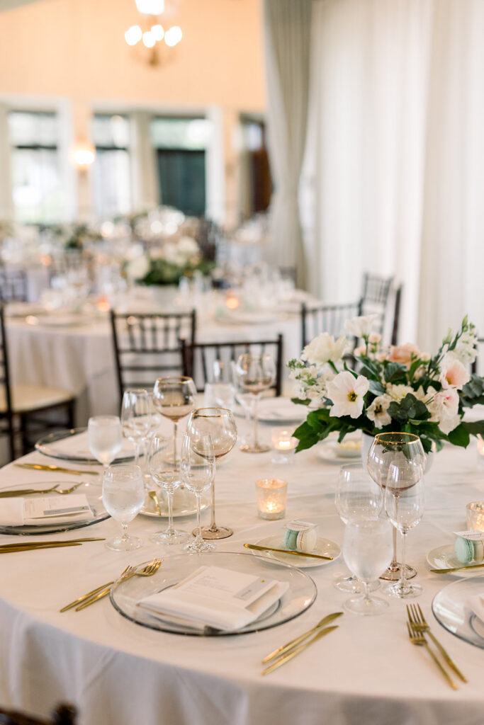 wedding reception at Bel-Air Bay Club with timeless wedding colors of white, blue and green with soft pink flowers