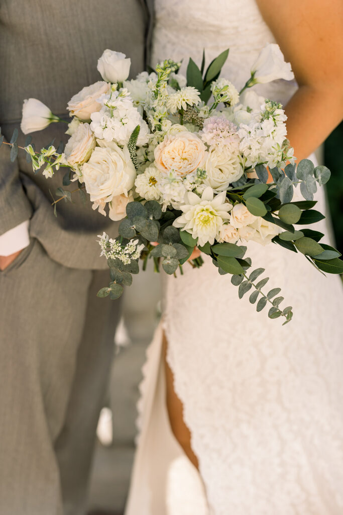 soft bridal bouquet with eucalyptus and roses