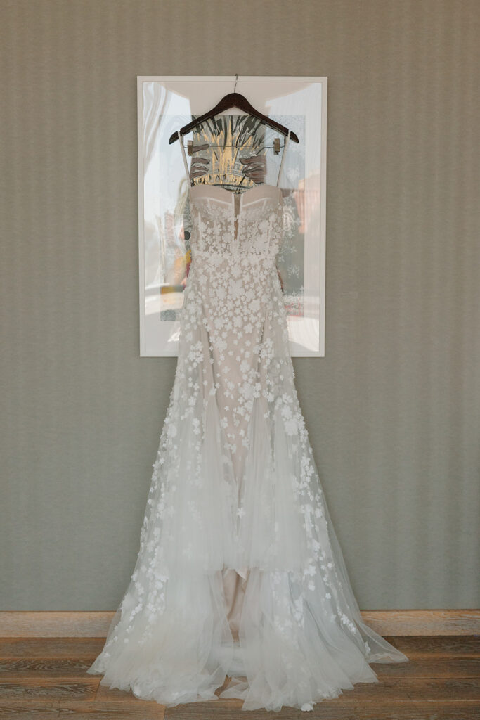 strapless champagne colored wedding dress with 3d floral appliqué 
