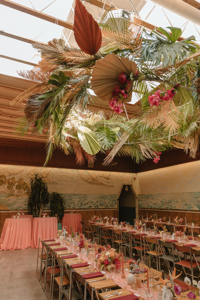 large tropical hanging floral installation in wedding reception at Valentine DTLA
