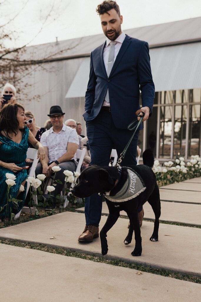 dog of honor walking down wedding ceremony aisle 