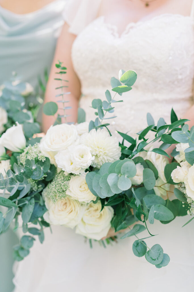 bridal bouquet with white flowers and eucalyptus