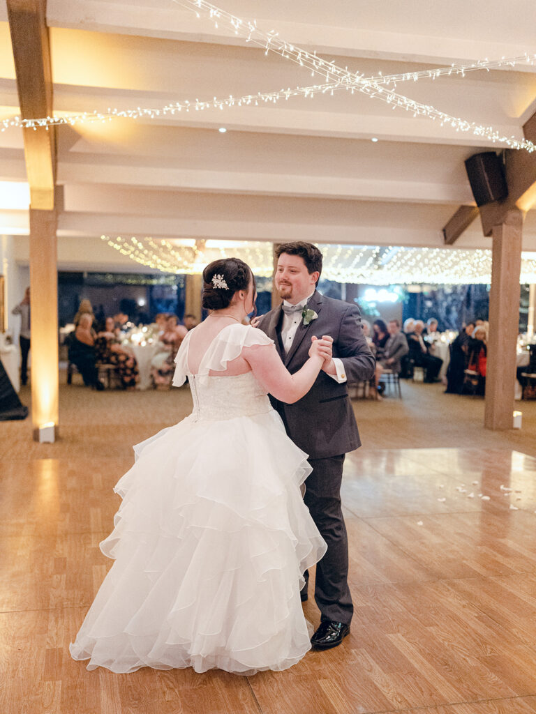 bride and groom first dance at Redwood room at Calamigos Ranch